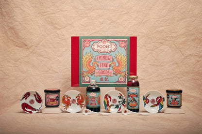 Hand-painted Yuet Tung porcelain dipping dishes with Poon's London sauce bottles